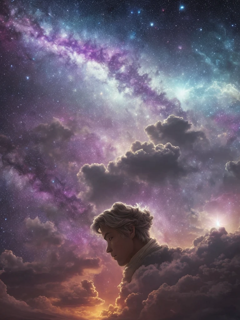 A scene in which a figure emerges from an unimaginably spectacular cloud of starlight、Fractal nebula line、cosmic entity、a heavenly being、kosmos、vibrant and vivid、Starlight Vortex、Revolutions、Not real、hight contrast、symbiosiagia、mistic、mistic、Surreal、Supersaturation、Colorful Gods