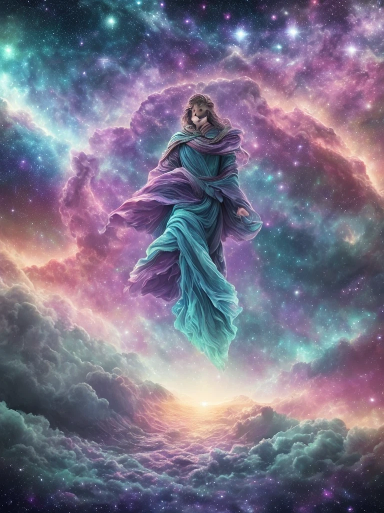 A scene in which a figure emerges from an unimaginably spectacular cloud of starlight、Fractal nebula line、cosmic entity、a heavenly being、kosmos、vibrant and vivid、Starlight Vortex、Revolutions、Not real、hight contrast、symbiosiagia、mistic、mistic、Surreal、Supersaturation、Colorful Gods