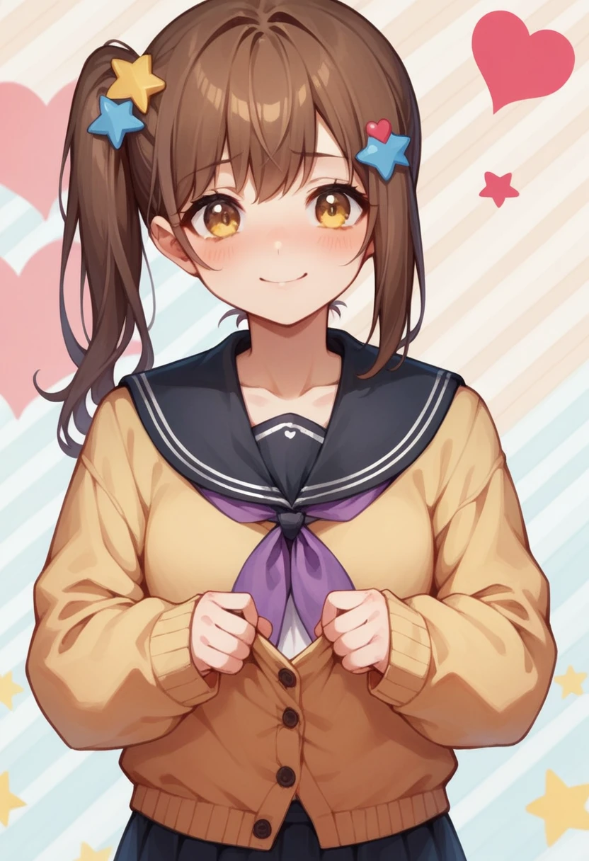 NSFW,Ichige style, One girl, alone, Brown Hair, heart, hair ornaments, , Side Ponytail, smile, Embarrassing,View your viewers, neckerchief, Upper Body, heart hair ornaments, cardigan, Sailor collar, Seraphim, black Sailor collar, bangs, Yellow Eyes, Mouth closed, Long Hair, Brown eyes, purple neckerchief, Striped background, clavicle, Striped, Polka dot pattern, star (symbol),skirt lift,pussy juice,