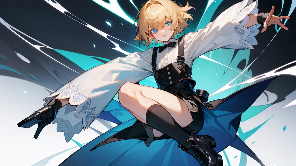 A ager,Short flaxen hair,blue color eyes,Bangs cover one eye,Wear a white shirt,The cuffs have long lace trims,longer sleeves,Wearing black shorts,Wear suspenders and leather shoes,He wears black half-palm gloves on his hands,full bodyesbian,