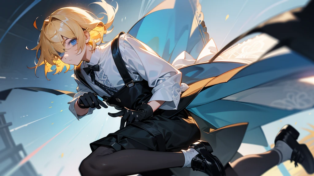 A teenager,Short flaxen hair,blue color eyes,Bangs cover one eye,Wear a white shirt,The cuffs have long lace trims,longer sleeves,Wearing black shorts,Wear suspenders and leather shoes,He wears black half-palm gloves on his hands,full bodyesbian,