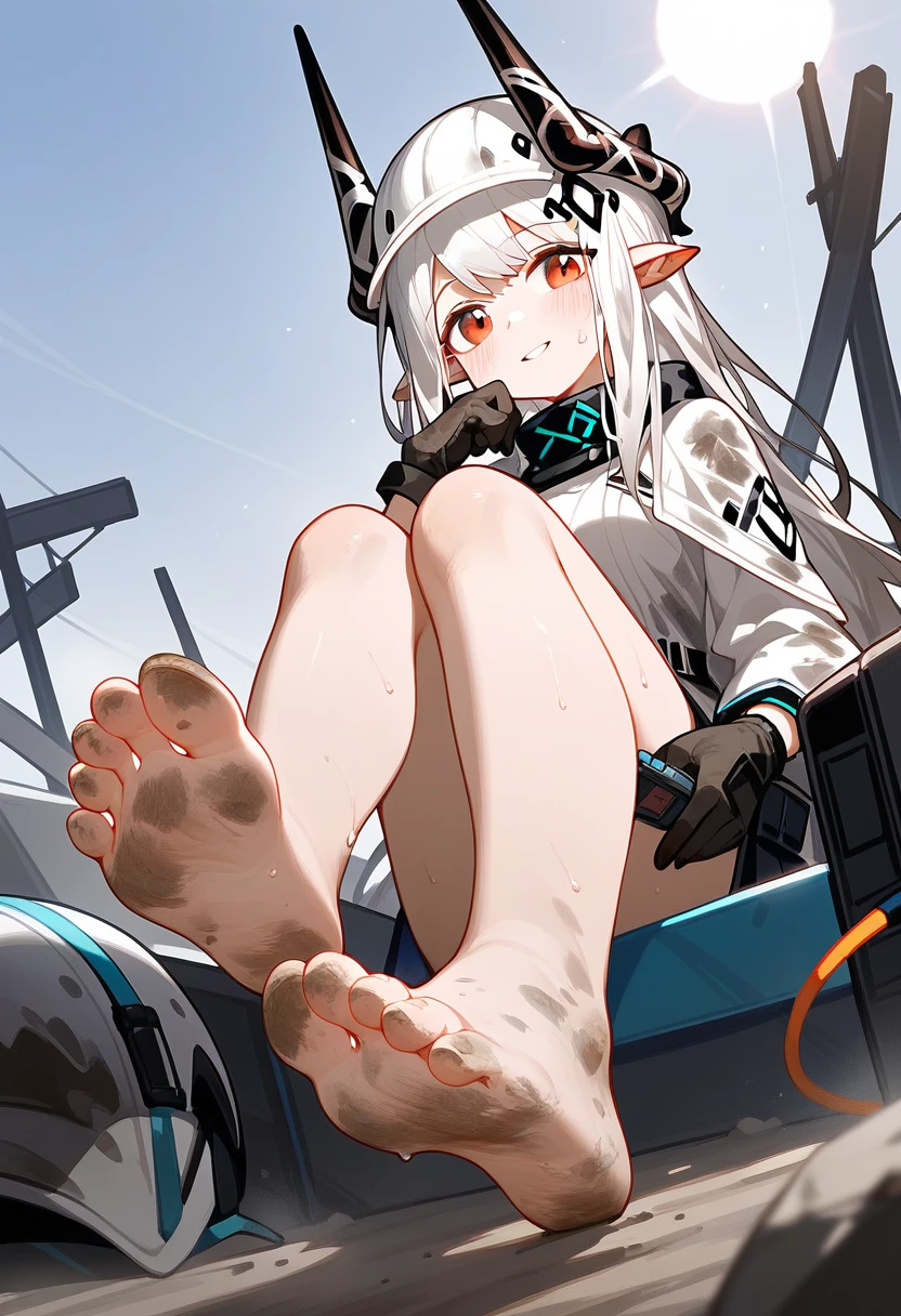 score_9,score_8_up,score_7_up,1girl,mudrock (arknights),dirty,feet,gloves,helmet,horns,soles,red eyes,barefoot,pointy ears,breasts,solo,long hair,white hair,black gloves,toes,hardhat,foot focus,looking at viewer,sitting,sweat,parted lips,dirty feet,holding,outdoors,sky,bangs,oripathy lesion (arknights),day,smile,blush,demon horns,infection monitor (arknights),foreshortening,sun,