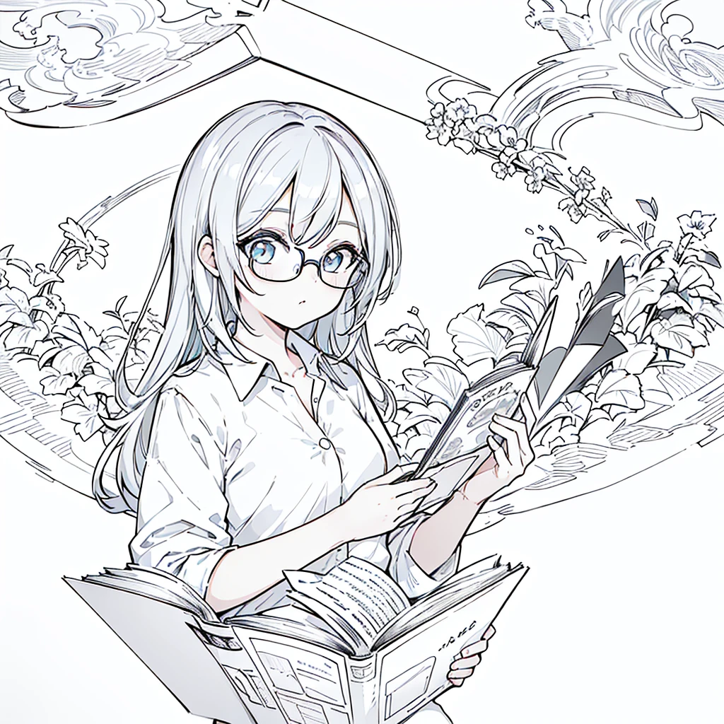 A girl,close up, wearing white shirt, reading a book, (best quality:1.3), (highres:1), (detailed:1.3), (incredible:1.3), (perfect:1.3), (perfection:1.3), (illustration:1.3), she's getting fun while reading it, dynamic on scene,Wear glasses,Big Breasts
