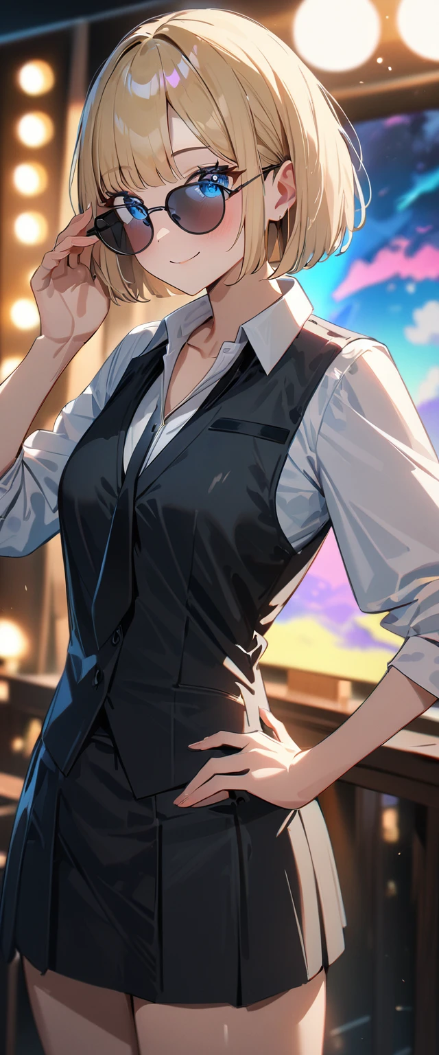 (((One Girl))), Blonde, Bobcut, (Cowboy Shot), ((sunglasses, hand to sunglasses)), (View your viewers), Focus on the face, ager, Tilt your head:1.3, (((blue eyes))), ((Smile)), ((blush)), Contrasting, Place one hand on hip, (((Exposed clothing))), School summer clothes, (((Open collar))), White shirt, ((Black tie under the waistcoat)), skirt, Black vest, Anime Style, (Highest quality, 4K, 8K, High resolution, masterpiece:1.2, Super detailed, Super detailed eyes, High resolution, 超High resolution, Studio Lighting, Ultra-fine painting, Sharp focus, Physically Based Rendering, Very detailed explanation, Professional, Vibrant colors, Bokeh)