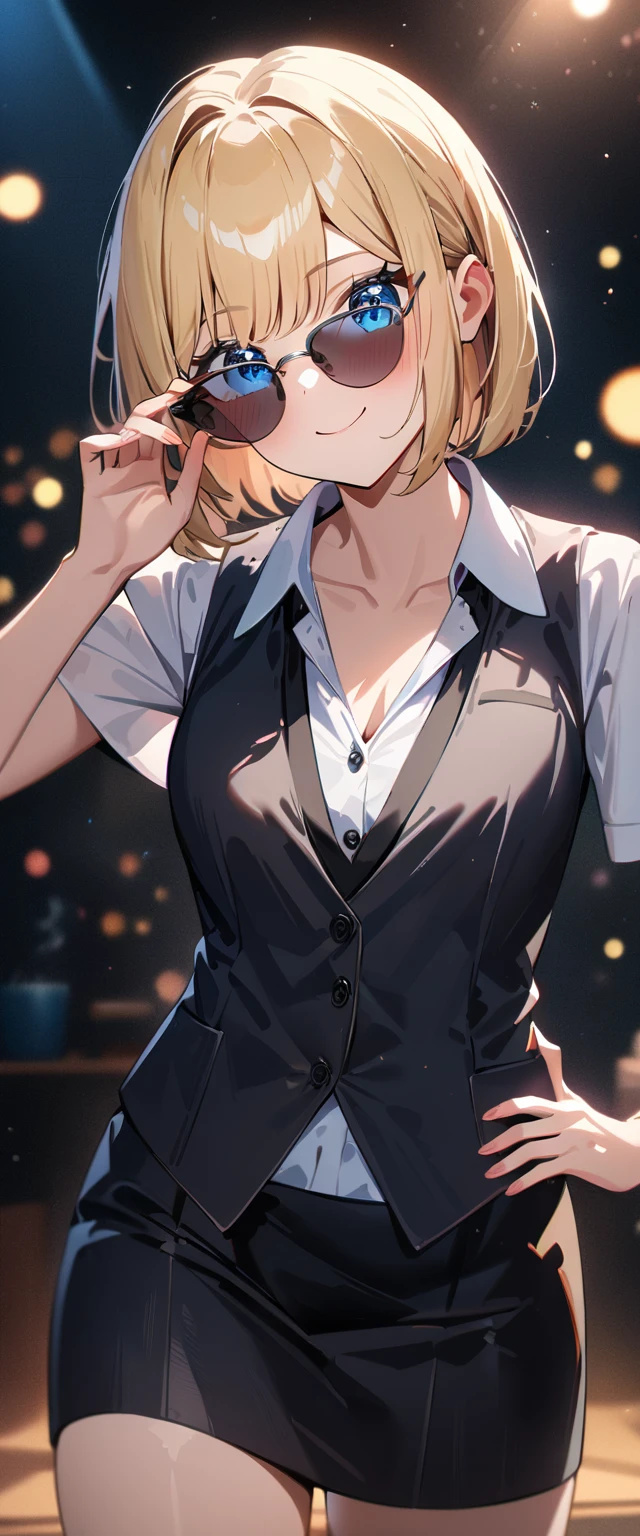 (((One Girl))), Blonde, Bobcut, (Cowboy Shot), ((sunglasses, hand to sunglasses)), (View your viewers), Focus on the face, ager, Tilt your head:1.3, (((blue eyes))), ((Smile)), ((blush)), Contrasting, Place one hand on hip, (((Exposed clothing))), School summer clothes, (((Open collar))), White shirt, ((Black tie under the waistcoat)), skirt, Black vest, Anime Style, (Highest quality, 4K, 8K, High resolution, masterpiece:1.2, Super detailed, Super detailed eyes, High resolution, 超High resolution, Studio Lighting, Ultra-fine painting, Sharp focus, Physically Based Rendering, Very detailed explanation, Professional, Vibrant colors, Bokeh)