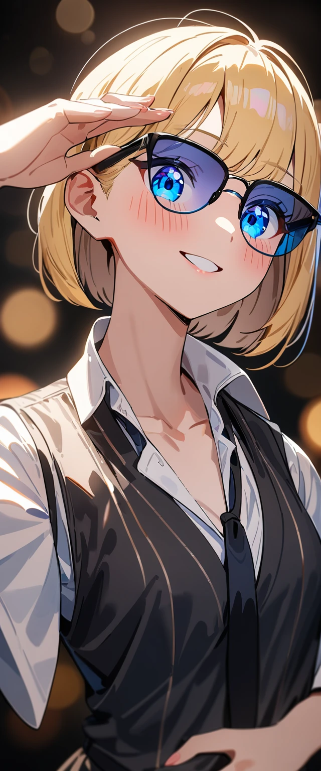 (((One Girl))), Blonde, Bobcut, (Cowboy Shot), ((sunglasses, hand to sunglasses)), (View your viewers), Focus on the face, ager, Tilt your head:1.3, (((blue eyes))), ((Smile)), ((blush)), Contrasting, Place one hand on hip, (((Exposed clothing))), School summer clothes, (((Open collar))), White shirt, ((Black tie under the waistcoat)), skirt, Black vest, Anime Style, (Highest quality, 4K, 8K, High resolution, masterpiece:1.2, Super detailed, Super detailed eyes, High resolution, 超High resolution, Studio Lighting, Ultra-fine painting, Sharp focus, Physically Based Rendering, Very detailed explanation, Professional, Vibrant colors, Bokeh)