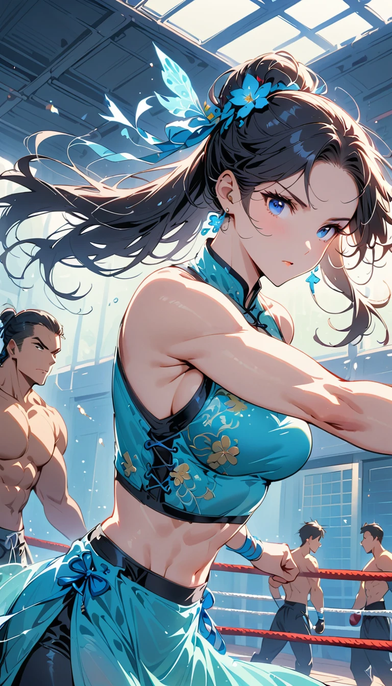Boxing Match between muscular woman and doing a high kick, six pack, no men in background , Chinese dress crop top, and leggings ,portrait, empty dojo background