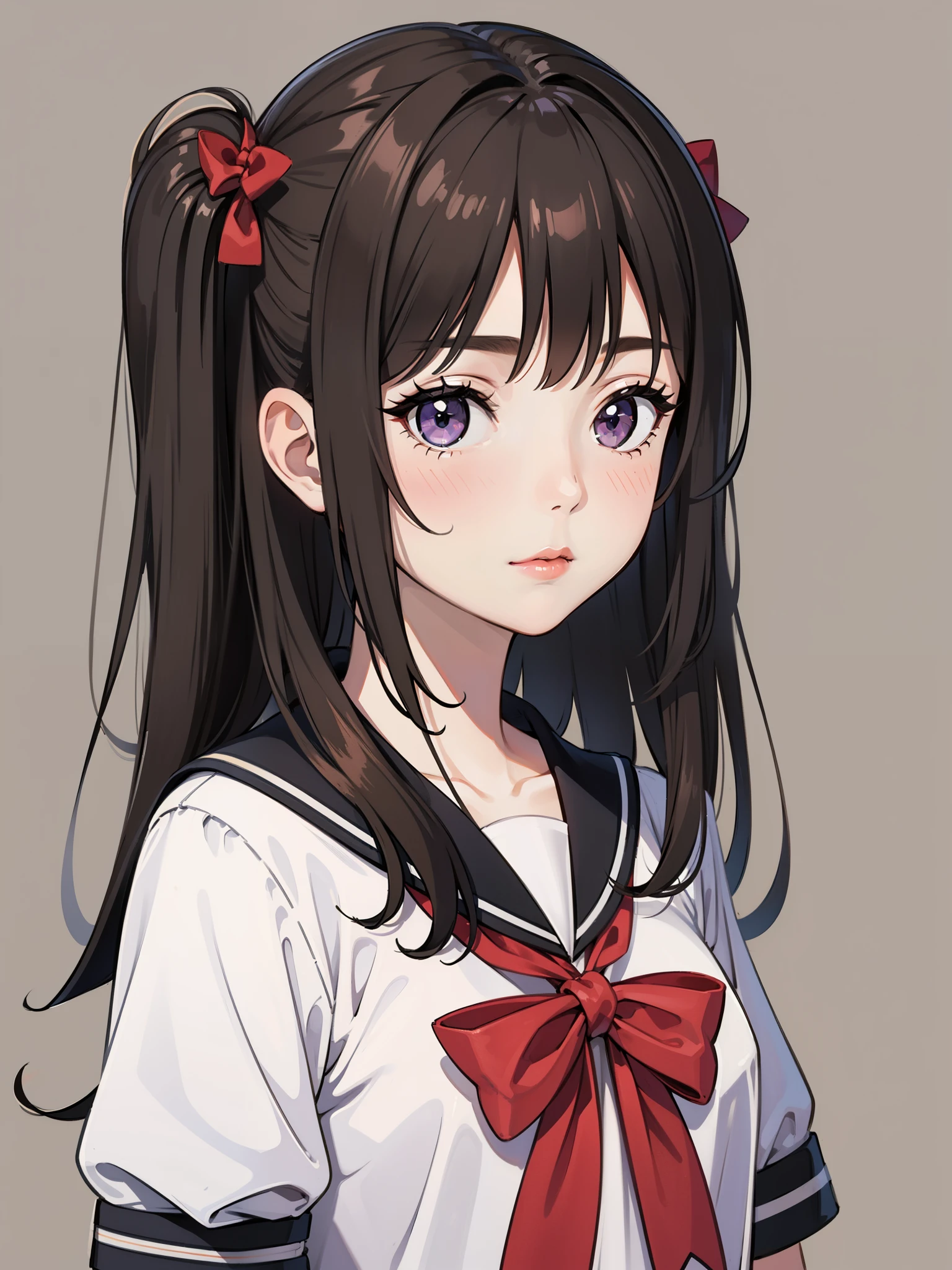 rating:safe, 1girl, solo, blush, striped, long_hair, purple_eyes, brown_hair, striped_bow, bow, hair_bow, short_sleeves, shirt, school_uniform, looking_at_viewer, upper_body, bangs, sailor_collar, closed_mouth, serafuku, vertical_stripes, eyebrows_visible_through_hair, white_shirt, nose_blush, striped_shirt, one_side_up, brown_background