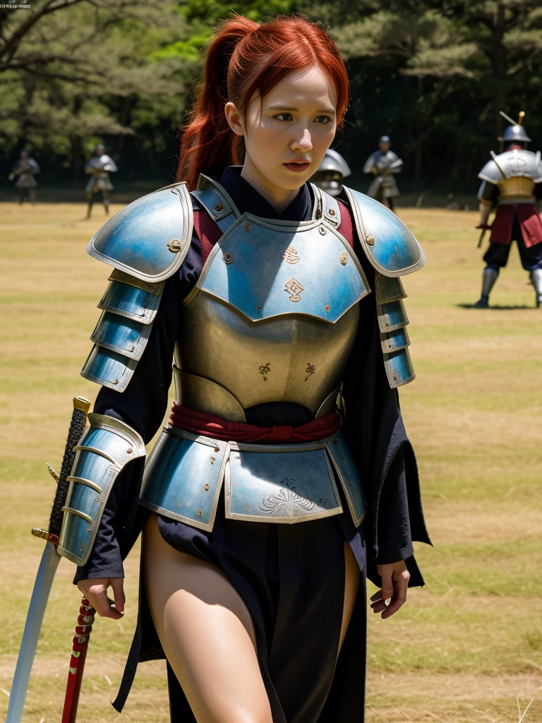 realistic medival japanese chaotic battlefield, battle scene, amazonianfights, female warriorness only, many fighting amazons, in the middle of a battle, wide grassy plain, on a battlefield,bloody battle action, intensive sword figt, in the middle of a battle, bloody scenery, female fully armed samurai warrior stands on a bloody battlefield, dead and fallen female warriors lie on the ground, complete armor with samurai sword, highly detalied samurai sword, scene on battlefied, outdoor battle field,, Woman wearing a samurai armor with full upper body and an anatomically correct body, a 16-year-old wears samurai armor, wunderschöne Red-Hairede junge Frau , ponytail, beautiful detaileld face, perfect face, perfect body, perfect anatomy, Red-Haired (Christa Theret: 1.3), ( Alexia Fast: 1.3),,Highly detailed youthful face, proporções perfeitas, ((red hair)), pony tail, curly hair, very detailed, determined face, curly short hair, 16K, HDR, broad light, high contrast, keen focus, RAW color photo, highly detailed Samurai armour, ready for war, standing o the battlefield
