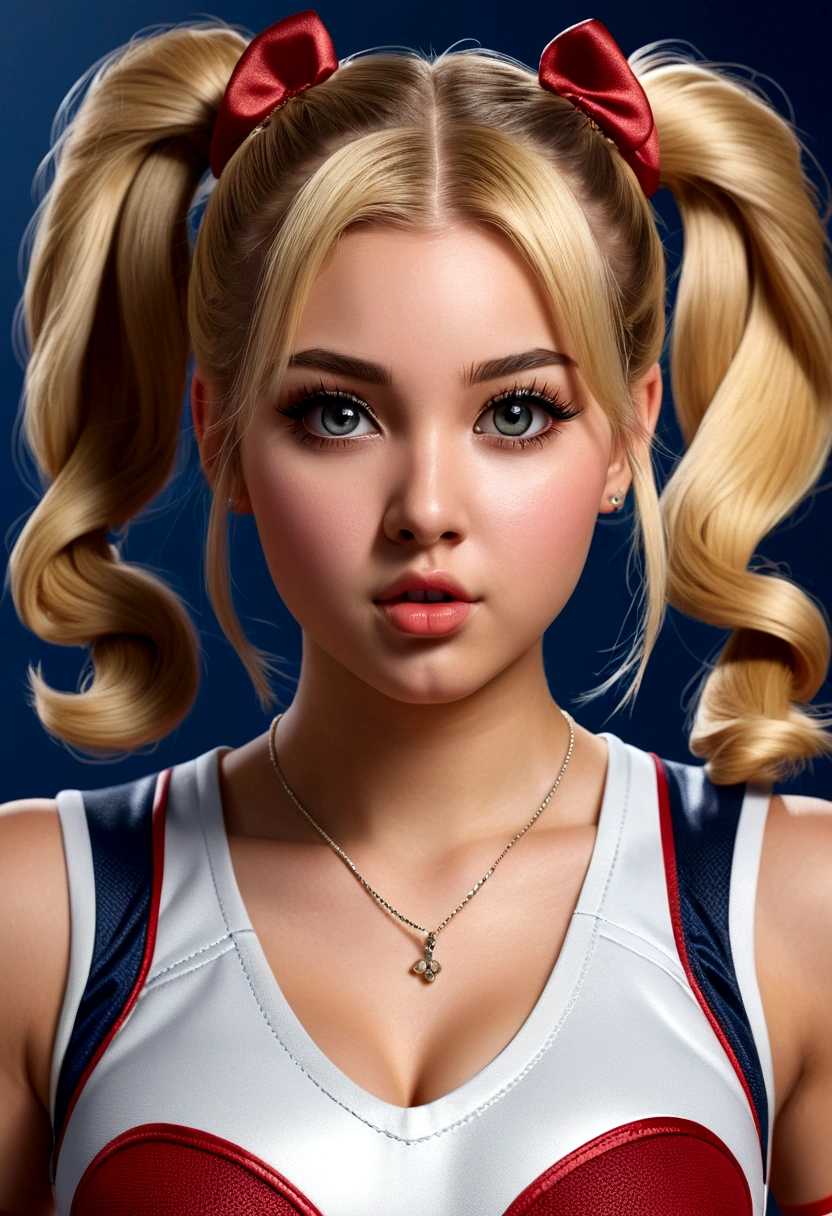 1girl, 20 years old, sexy cheerleader dress, ((twin tails)), braided twin pony tails, cheering position, (full body), hot hourglass body, blonde, bimbo, beautiful detailed eyes, beautiful detailed lips, extremely detailed face and eyes, long eyelashes, realistic, photorealistic, 4k, 8k, highres, masterpiece, ultra-detailed, studio lighting, sharp focus, physically-based rendering, professional, portraits, cute,