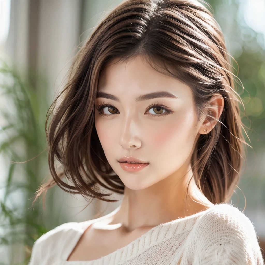 Portrait of a young woman with a very specific and detailed look:
Facial features:
face: Oval and symmetrical, with smooth and clear skin, free of imperfections.
Eyes: Large and expressive, light brown. The eyelashes are long and curved, adding depth to your look.
Eyebrows: Perfectly arched and well defined, a shade slightly darker than her hair.
nose: Small and refined, well proportioned with the rest of his features.
lips: Full and well defined, with a natural pink color. His expression is soft and friendly.
Hair:
color: deep red, vibrant and bright.
Style: Collected in a high and elegant ponytail. The hair is long and straight, and the ponytail stays well held, no loose strands.
texture: Silky and smooth, reflecting light naturally.
context:
bottom: A bright room with large windows that allow in natural light. The background is neutral and does not distract from the main subject.
outfit:
Upper part: A simple but elegant white blouse, that highlights the naturalness and beauty of the young woman.
Atmosphere and tone:
The image should convey a feeling of tranquility and freshness. Lighting should be soft and natural, no harsh shadows.
Format:
Photo type: Document type photo, focusing exclusively on your face, from the shoulders up, making sure to clearly capture all facial details mentioned.
Please, Make sure all these details are captured faithfully so that the representation of the young woman is as close as possible to the image provided, with the only modification of the ponytail hairstyle, and the document type photo format.