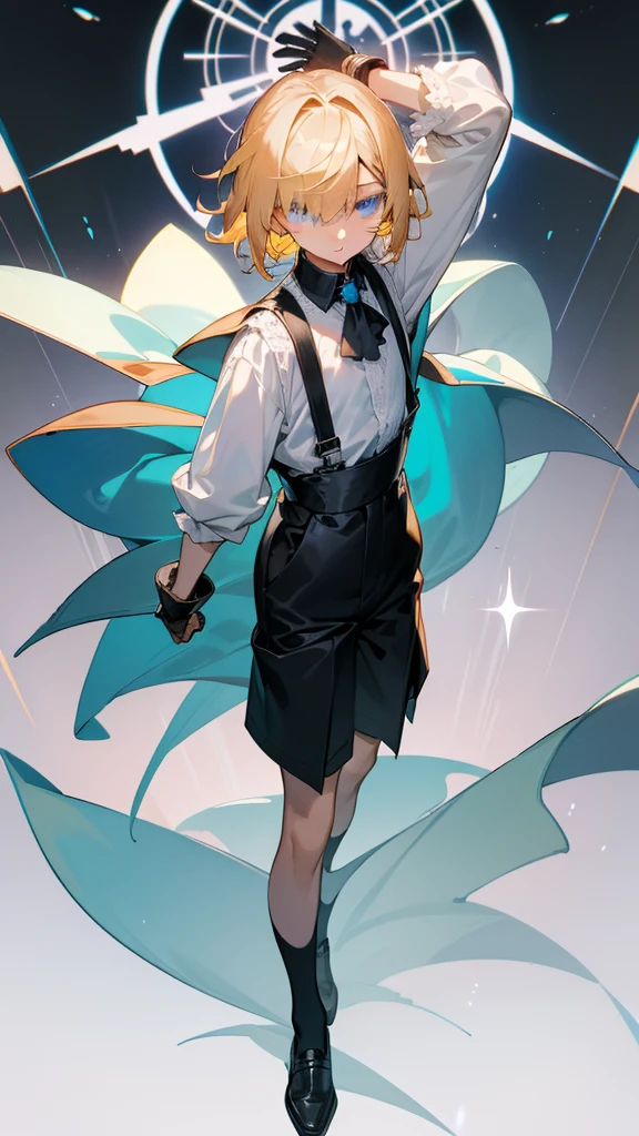 A ager,Short flaxen hair,blue color eyes,Bangs cover one eye,Wear a white shirt,The cuffs have long lace trims,longer sleeves,Wearing black shorts,Wear suspenders and leather shoes,He wears black half-palm gloves on his hands,full bodyesbian,