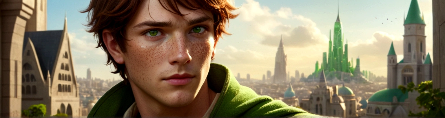 Male, solo, short brown hair, green eyes, freckles, fantasy city background