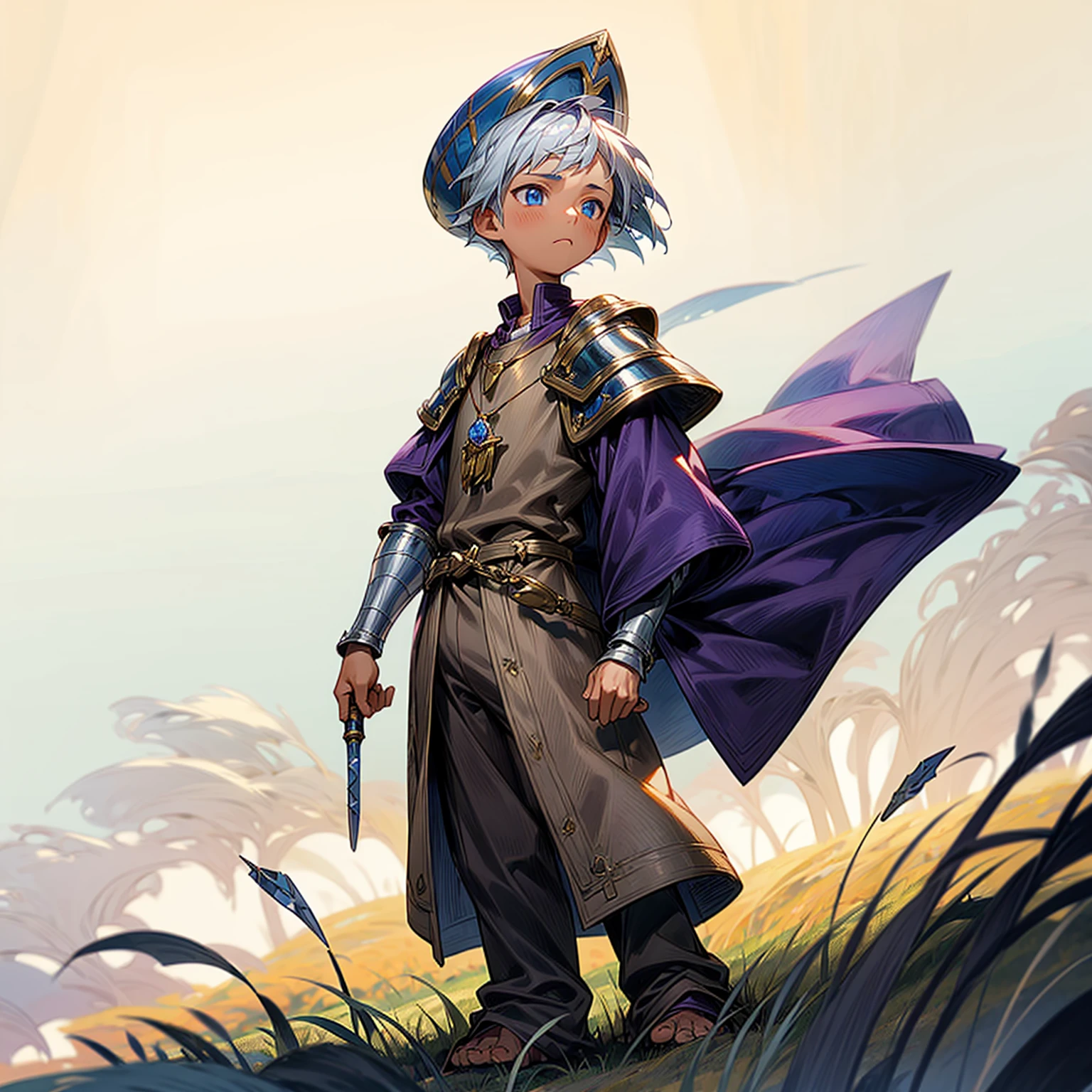 1little boy, Full body version, 1character, blue eyes color, sad eyes, eyeliner, tan skin, classic fade haircut, almond eyes type, brown colour hair, medieval clothing style, breton hat, armor body, purple color clothing, silver necklaces, gold armor on hand, gold long spear in hand, Grassroots background in field town, motion blur,