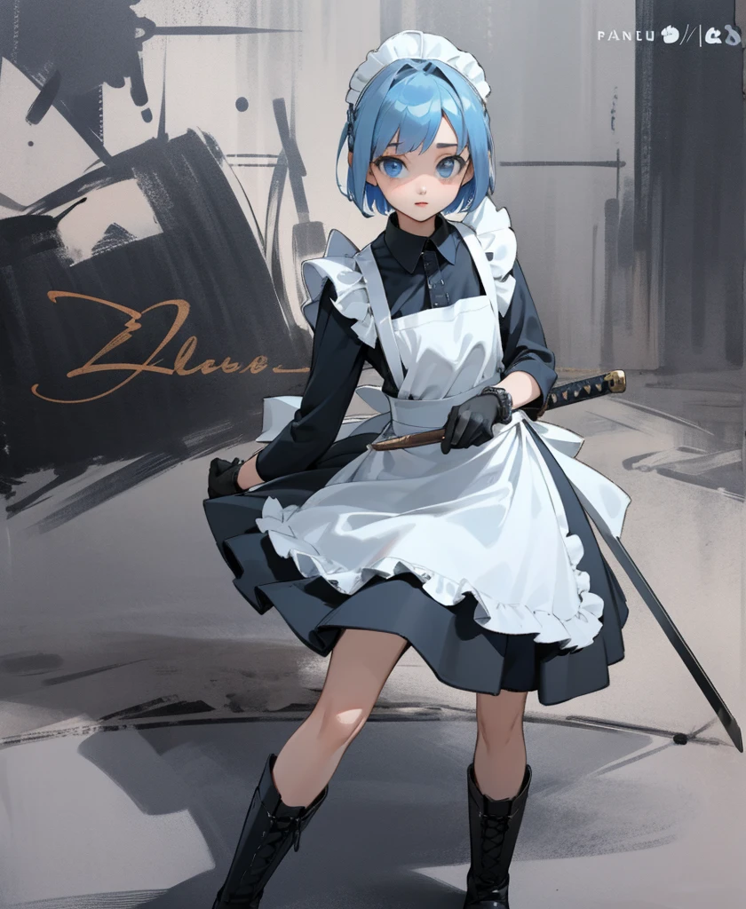 (masterpiece), ((Highest quality)), (Very detailed), (Beautiful eyes Beautiful details Eyes, Clean and delicate face), alone, Severe, Sword Drawing Technique, Blue Bob Hair, (blue eyes, Maid Fashion, White collar, mini skirt), thigh, Black gloves, Black Army Boots