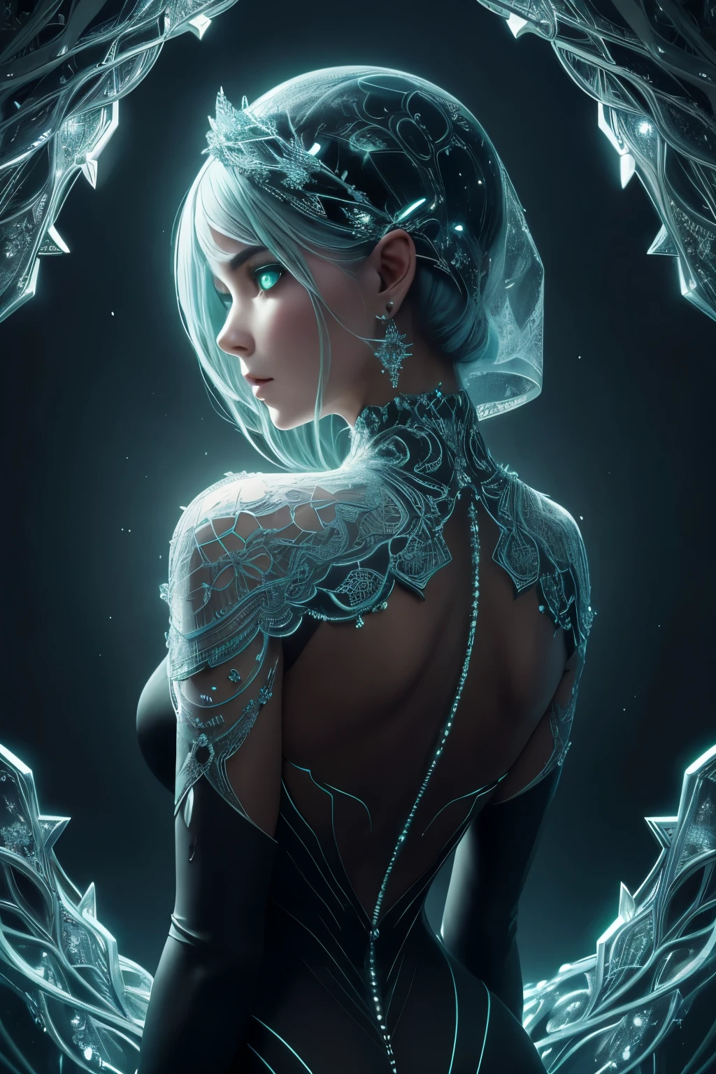 A captivating image of a charming yet enigmatic alien creature, with a round, glowing black body radiating an ethereal aura of mystery. Its large neon-green eyes shine brightly, illuminating the darkness around it, reflecting the intricately detailed hoarfrost metal lace pattern that covers its back. The delicate, icy design contrasts starkly with the creature's warm, inviting demeanor, adding an intriguing dichotomy to its allure.

This mesmerizing portrait transcends reality, embracing the dreamlike qualities of surrealism. Trending on ArtStation, it has garnered widespread acclaim for