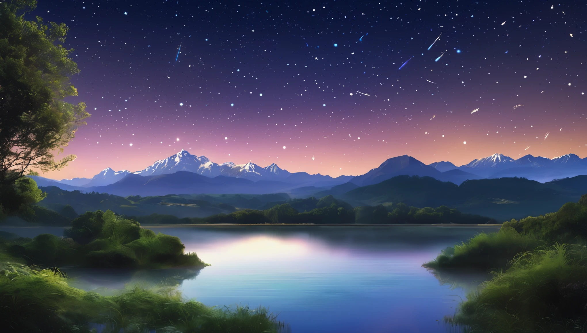 Vast Sky: Showcasing the vastness of the night sky, Make sure the stars or shooting stars take up a large part of the composition., Dynamic shooting star: Capture the movement and energy of a shooting star as it moves across the sky, Creating a sense of movement and wonder., Serene landscape: Consider adding tranquil scenery, Distant mountains and calm waters, Enhances a sense of peace and serenity.