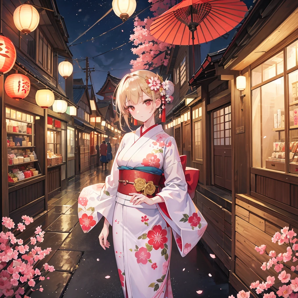 A beautifully detailed anime-style illustration set in a traditional Japanese street scene. A young woman dressed in an elegant, floral-patterned kimono stands gracefully in the center, holding a large, red paper umbrella. Her kimono is adorned with intricate designs of red and white flowers, matching the blossoms that decorate the street around her. Her hair is styled in a classic updo with floral hairpins. The background features a narrow, bustling street lined with traditional wooden houses, lanterns, and signs, all illuminated by warm, ambient lighting. The scene is filled with blooming cherry blossoms and other flowers, adding a touch of natural beauty and serenity. The color palette includes warm tones of browns, reds, and golds, creating a nostalgic and inviting atmosphere.