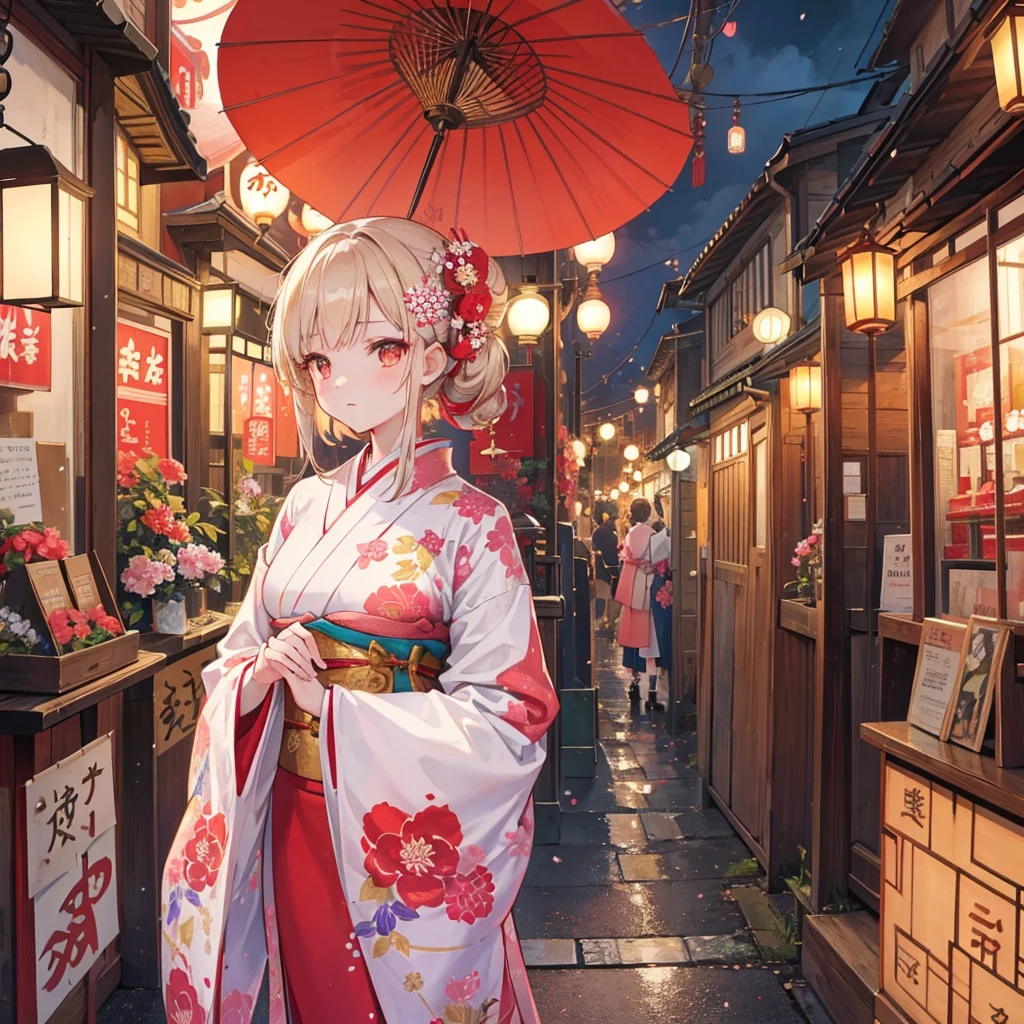 A beautifully detailed anime-style illustration set in a traditional Japanese street scene. A young woman dressed in an elegant, floral-patterned kimono stands gracefully in the center, holding a large, red paper umbrella. Her kimono is adorned with intricate designs of red and white flowers, matching the blossoms that decorate the street around her. Her hair is styled in a classic updo with floral hairpins. The background features a narrow, bustling street lined with traditional wooden houses, lanterns, and signs, all illuminated by warm, ambient lighting. The scene is filled with blooming cherry blossoms and other flowers, adding a touch of natural beauty and serenity. The color palette includes warm tones of browns, reds, and golds, creating a nostalgic and inviting atmosphere.