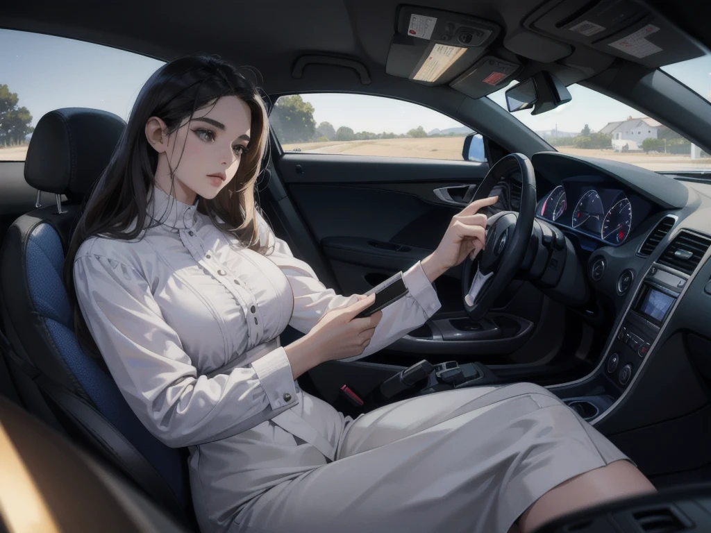 hyper-realistic, wide view, extremely detailed, sharp quality, curved body, long figure, Ana, Lucas, Mariana and Pedro are in a car, driving to an old abandoned house in the village of Sr. Eduardo. Ana is filming for a college project on urban legends.full figure, extremely lit, direct moonlight, sharp focus, hands tied