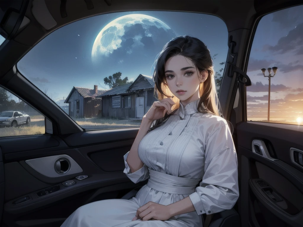 hyper-realistic, wide view, extremely detailed, sharp quality, curved body, long figure, Ana, Lucas, Mariana and Pedro are in a car, driving to an old abandoned house in the village of Sr. Eduardo. Ana is filming for a college project on urban legends.full figure, extremely lit, direct moonlight, sharp focus, hands tied