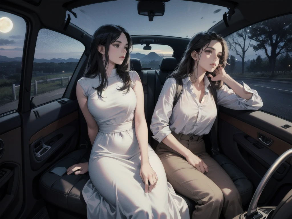 hyper-realistic, wide view, extremely detailed, sharp quality, curved body, long figure, Ana, Lucas, Mariana and Pedro are in a car, driving to an old abandoned house in the village of Sr. Eduardo. Ana is filming for a college project on urban legends.full figure, extremely lit, direct moonlight, sharp focus, hands tied