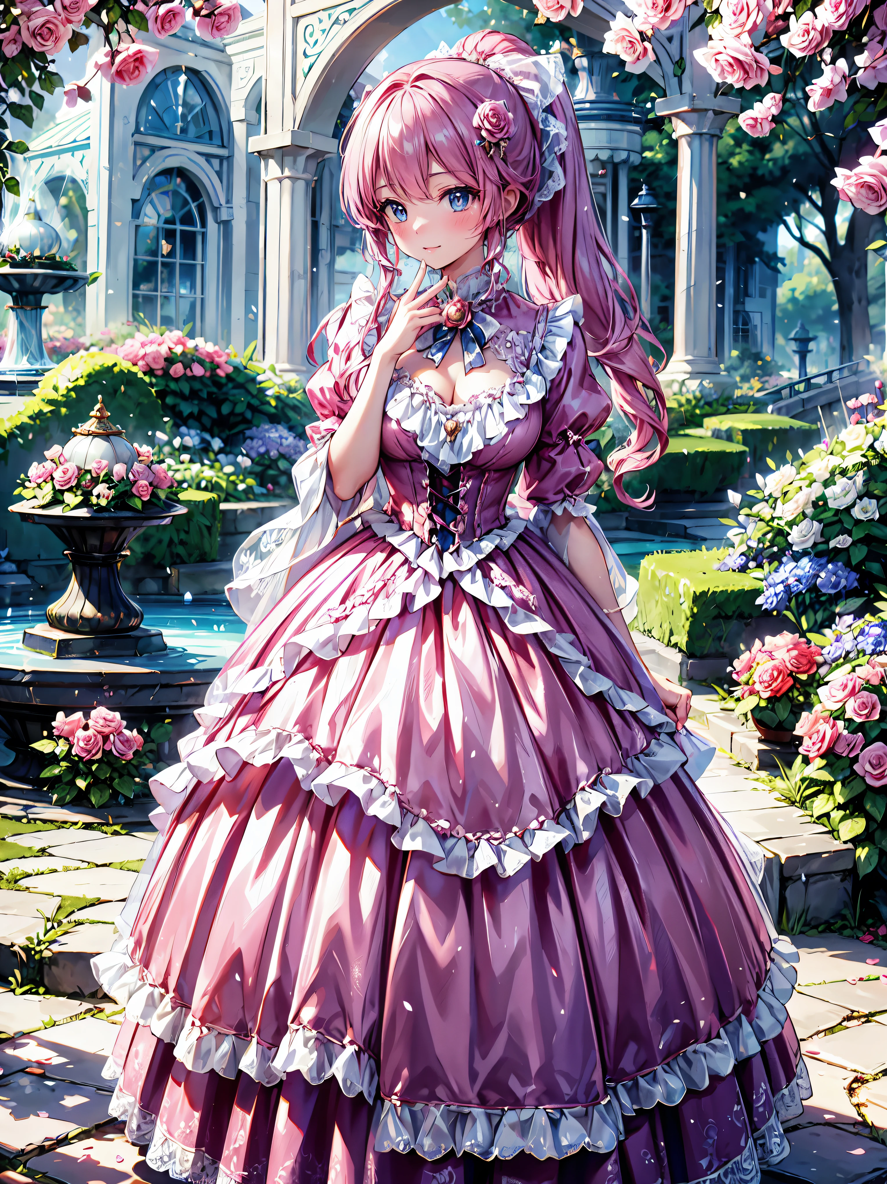 (((young face solo Captivating Adorable princess))), (((dress shocking pink dress))), (((Unsurpassed gorgeous rococo victorian gown with voluminous hoopskirt and long hems, princess style skirt))), (gown brilliances dazzlingly glitter reflective prismatic transparency gown:1.2), (gown ultra elaborate gown:1.5), ((huge breasts)), ((hair pink hair)), ((ponytail fluffy long ponytail)), (Expressive hair), very voluminous and very long hair, bangs, super delicate and beautiful face, beautiful lips, (hyper detail delicate beautiful eyes blue eyes), breasts cleavage, hair ornament silver ornament, beautiful smile, ((cowboy shot)), (leaning forward, looking up, from above), (finger to mouth:1.2),
(((Masterpiece, Super detail, top quality, ultra high res, Spectacular Quality, Distinguished Quality))),
brilliance, glare, glitter, reflection, prism, transparency, (wonderland garden roses garden:1.3), elegant tea party in wonderland,