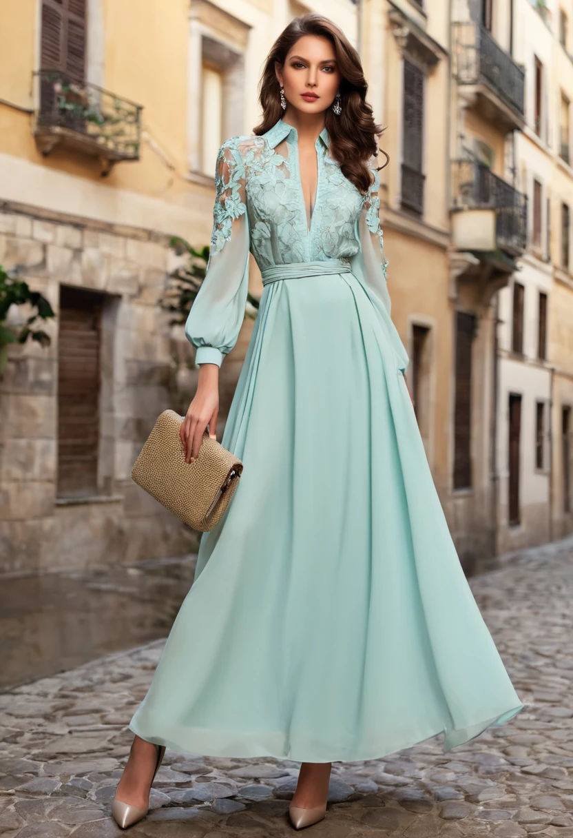 Romantic style, beautiful woman, beautiful clothes, beautiful  accessories, full length,