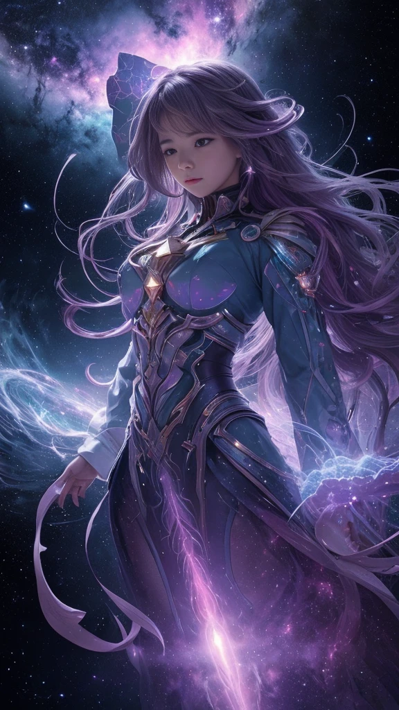 A scene in which a figure emerges from an unimaginably spectacular cloud of starlight、Fractal nebula line、cosmic entity、a heavenly being、kosmos、vibrant and vivid、Starlight Vortex、Revolutions、Not real、hight contrast、symbiosiagia、mistic、mistic、Surreal、Supersaturation、Colorful Gods