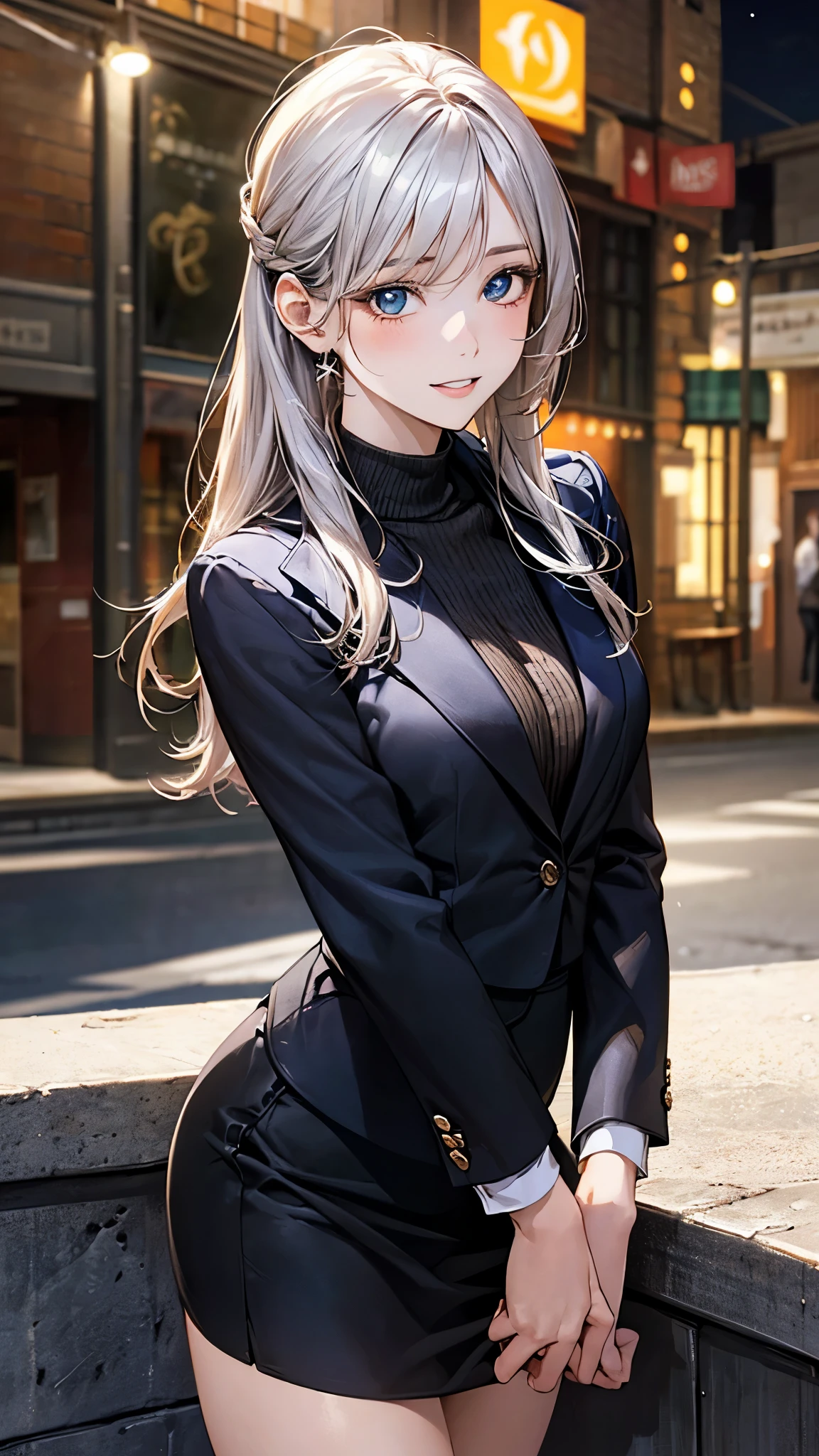 (masterpiece:1.2, top-quality), (realistic, photorealistic:1.4), beautiful illustration, (natural side lighting, movie lighting), nsfw, 
looking at viewer, 1 girl, university student, perfect face, cute and symmetrical face, shiny skin, 
(long hair:1.2, half updo:1.5, sideburns:1.8, silver hair), asymmetrical bangs, blue eyes, drooping eyes:1.5, big eyes:1.5, long eye lasher, (medium breasts, thin thighs), slender, 
beautiful detailed hair, beautiful detailed face, beautiful detailed eyes, beautiful clavicle, beautiful body, beautiful chest, beautiful thigh, beautiful legs, beautiful fingers, 
detailed cloth texture, light yellow turtleneck, black business suit jacket, black tight skirt, high heels, 
(beautiful scenery), night, (pub), standing, hands between legs, (lovely smile, upper eyes, parted lips), 