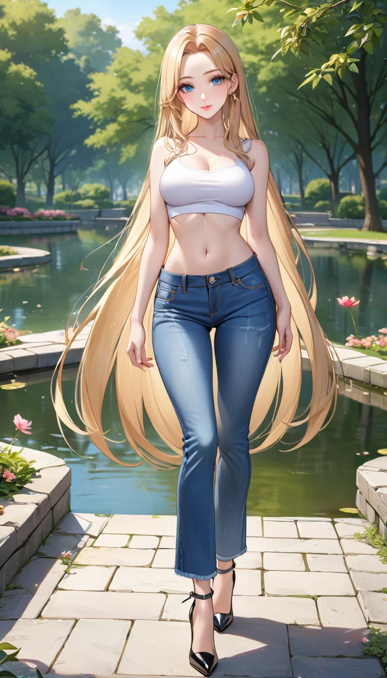 ((best quality, masterpiece:1.3, 8K)), (detailed), highly detailed face and skin texture, detailed eyes, (seductive pose:1.1), park, pond, full body, (slender body:1.1), 1girl, 25 years old, white skin, blue eyes, bright lips, seductive smile, blonde hair, straight hair, very long hair, (forehead:1.0), bright colored clothes, white croptop, medium breast, hard nipples, navel, jeans pants, (flares jeans:1.1), light blue jeans, black heels,