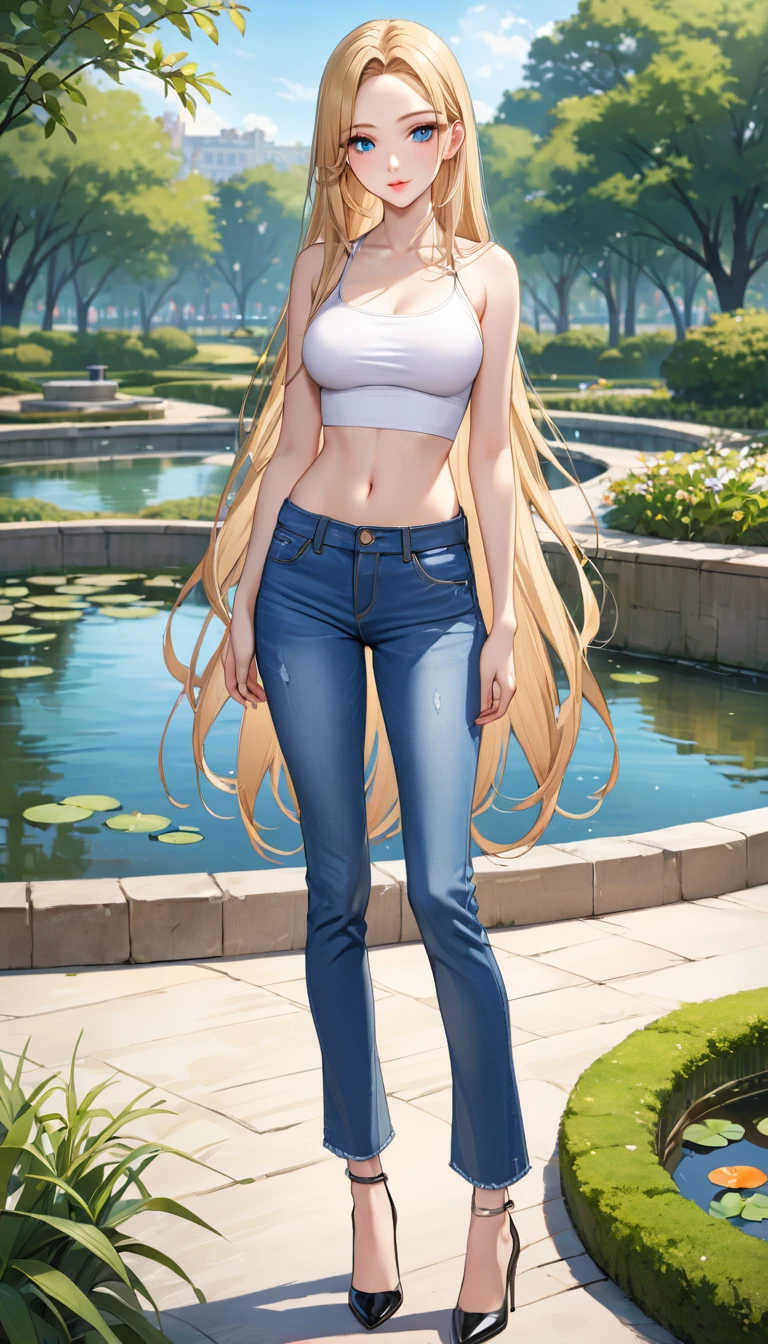 ((best quality, masterpiece:1.3, 8K)), (detailed), highly detailed face and skin texture, detailed eyes, (seductive pose:1.1), park, pond, full body, (slender body:1.1), 1girl, 25 years old, white skin, blue eyes, bright lips, seductive smile, blonde hair, straight hair, very long hair, (forehead:1.0), bright colored clothes, white croptop, medium breast, hard nipples, navel, jeans pants, (flares jeans:1.1), light blue jeans, black heels,