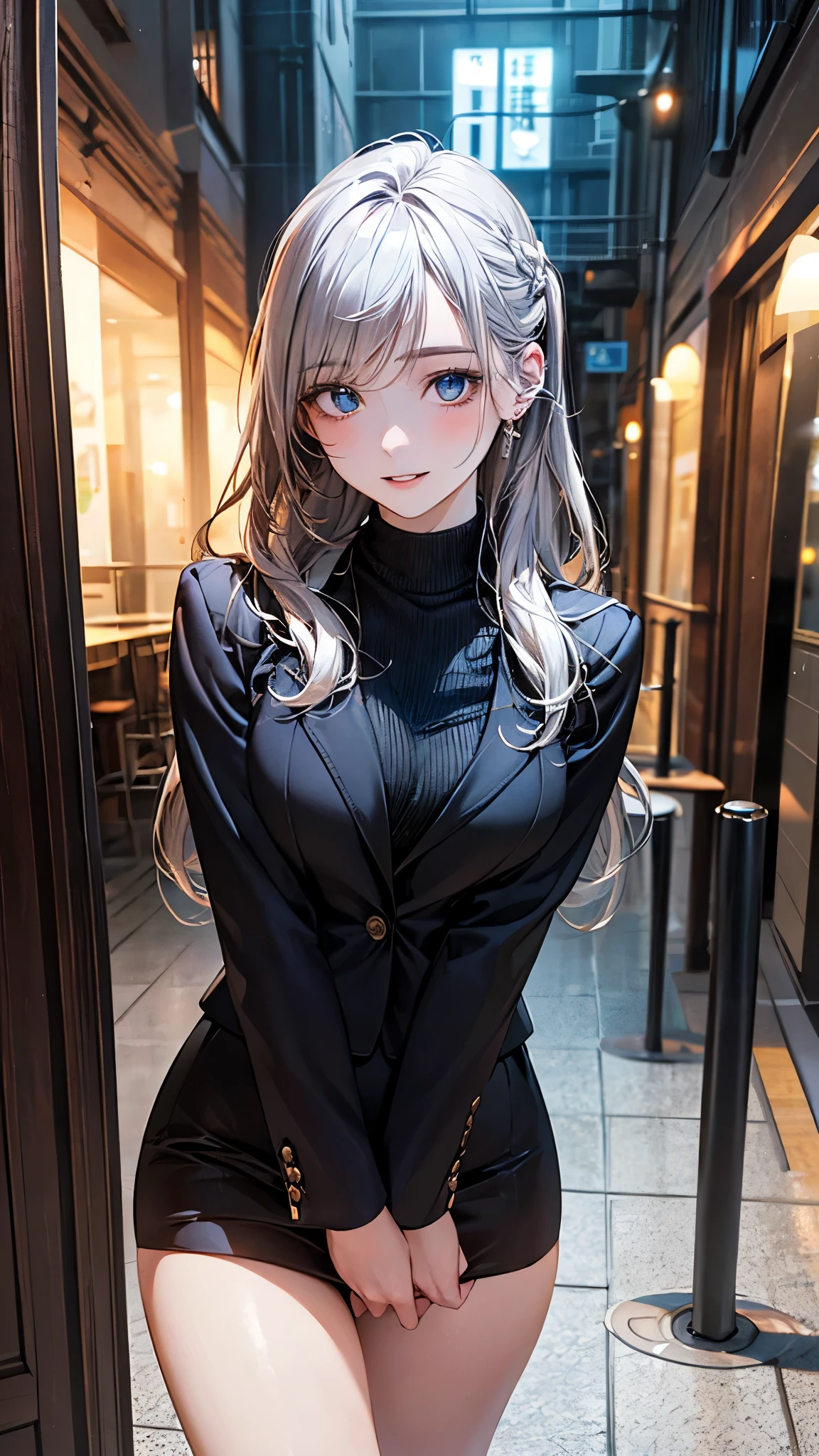 (masterpiece:1.2, top-quality), (realistic, photorealistic:1.4), beautiful illustration, (natural side lighting, movie lighting), nsfw,
looking at viewer, 1 girl, university student, perfect face, cute and symmetrical face, shiny skin,
(long hair:1.2, half updo:1.5, sideburns:1.8, silver hair), asymmetrical bangs, blue eyes, drooping eyes:1.5, big eyes:1.5, long eye lasher, (medium breasts, thin thighs), slender,
beautiful detailed hair, beautiful detailed face, beautiful detailed eyes, beautiful clavicle, beautiful body, beautiful chest, beautiful thigh, beautiful legs, beautiful fingers,
detailed cloth texture, light yellow turtleneck, black business suit jacket, black tight skirt, high heels,
(beautiful scenery), night, (pub), standing, hands between legs, (lovely smile, upper eyes, parted lips),