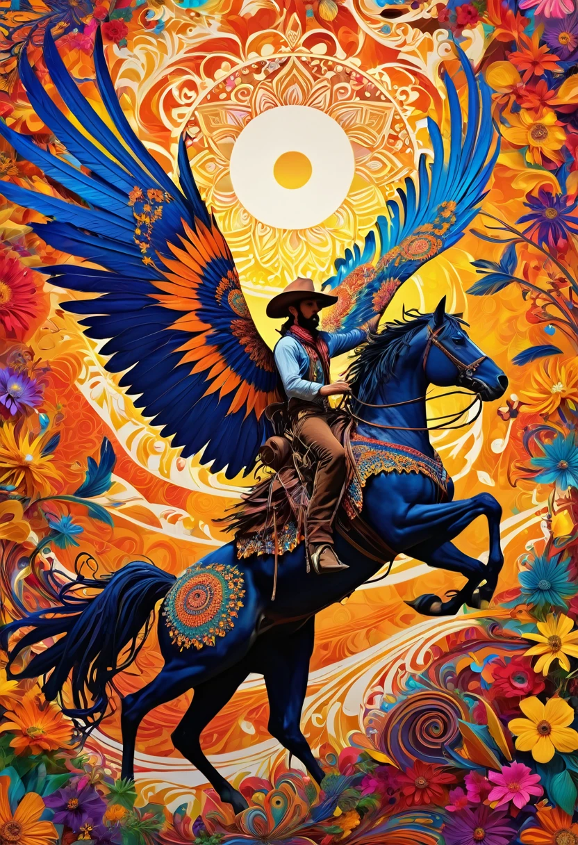 Official Art, unified 8k wallpaper, ultra detailed, beautiful Beauty, beautiful, Masterpiece, Best Quality, (tangled, mandala, tangled up, entangle), (floral ecstasy: 1.2) dynamic angle, cowboy shot, The Most beautiful Chaotic Forms, Elegance, fauvist design, bright colors, romance, Atmosphere, golden crow, God of the sun, feathers, fire,