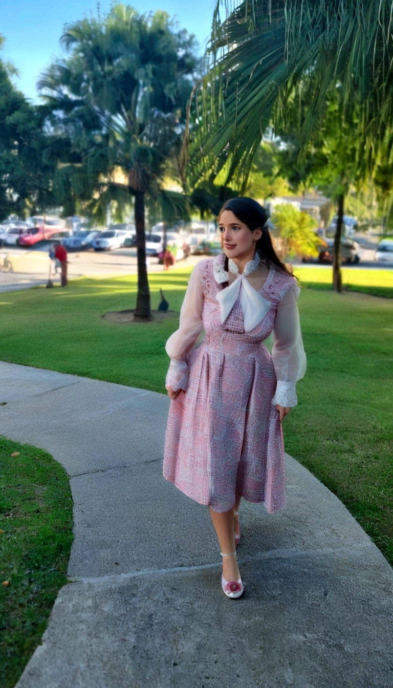 Wearing a pink dressing gown and white shirt walking down a sidewalk, wearing pink floral chiton, dressed like in the 1940s, wearing 10s era clothes, wearing an elegant outfit, Wearing a pink dressing gown, dressed in a pink dress, Old dress, inspired by Juliette Leong, wearing a tudor style dress