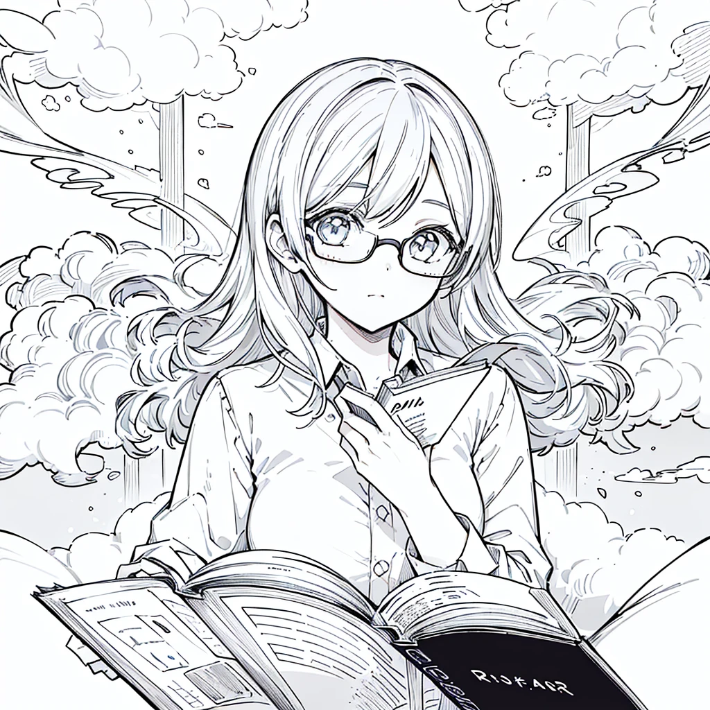 A girl,close up, wearing white shirt, reading a book, (best quality:1.3), (highres:1), (detailed:1.3), (incredible:1.3), (perfect:1.3), (perfection:1.3), (illustration:1.3), she's getting fun while reading it, dynamic on scene,Wear glasses