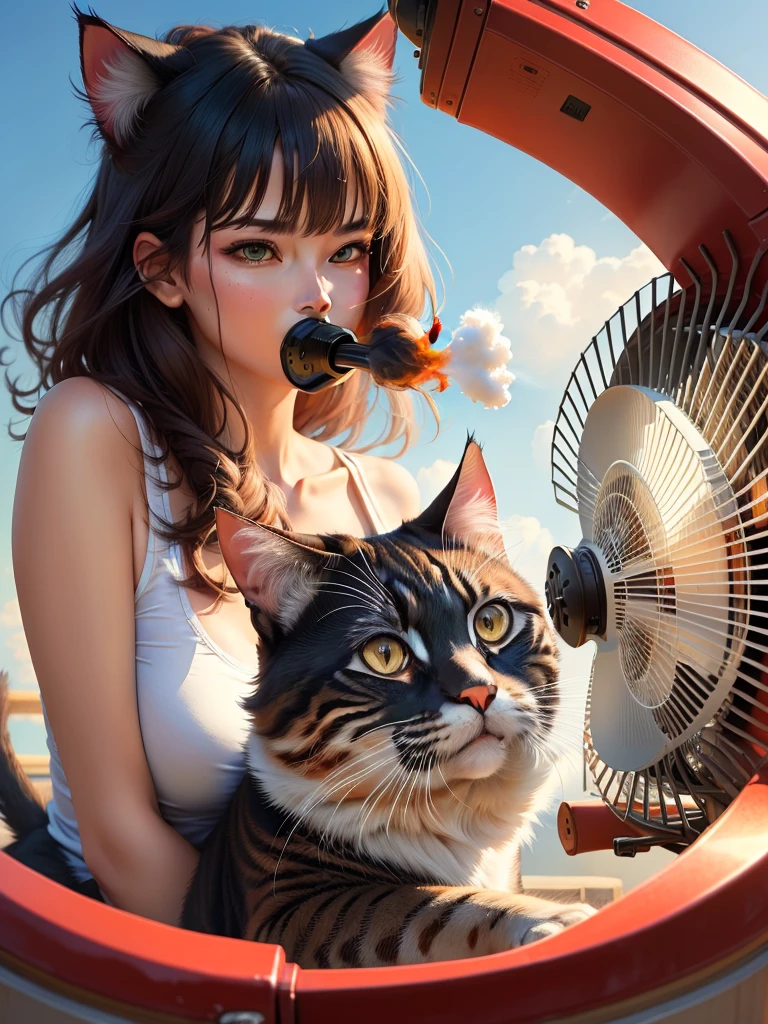 Very hot cat blowing the fan