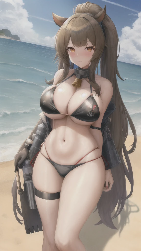 anime girl with big boos posing on the beach with a cow, azur lane style, from the azur lane videogame, kantai collection style, kantai collection arcade, biomechanical oppai, characters from azur lane, fine details. girls frontline, from girls frontline, bikini + tattered military gear, kancolle, oppai, bikini armor