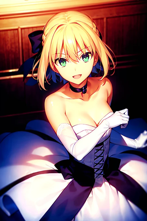 Artorian Pendragon \(destiny\), Things to know,
One Girl, :d, Ahoge, Blonde, chest, choker, chestの谷間, clavicle, dress, Elbow Groove, gloves, Green Eyes, Hair between the eyes, ヘアribbon, indoor, View your viewers, medium chest, Open your mouth, ribbon, ribbonchoker, short hair, smile, duo, stage, Strapless, Straplessドレス, Wedding dress, White dress, 白いgloves, 白いribbon, , ((Tabletop))