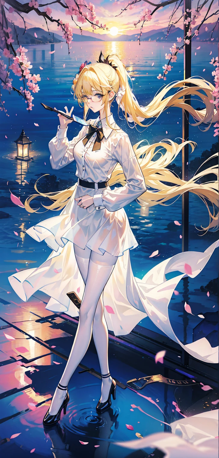 Young and beautiful Kathryn Newton, Glasses, White dress shirt, great neckline, Black Mini Dress, Dark pantyhose, High balance, Surreal, 14 years old, Model figure, Large Breasts, Beautiful breasts, Big Ass, Long hair, Ponytail, Blonde hair, Long legs, 8K, Cherry blossoms, sunrise, Detailed reflection, Anime style, sad