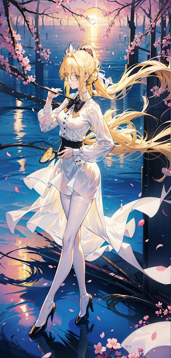 Young and beautiful Kathryn Newton, Glasses, White dress shirt, great neckline, Black Mini Dress, Dark pantyhose, High balance, Surreal, 14 years old, Model figure, Large Breasts, Beautiful breasts, Big Ass, Long hair, Ponytail, Blonde hair, Long legs, 8K, Cherry blossoms, sunrise, Detailed reflection, Anime style, sad