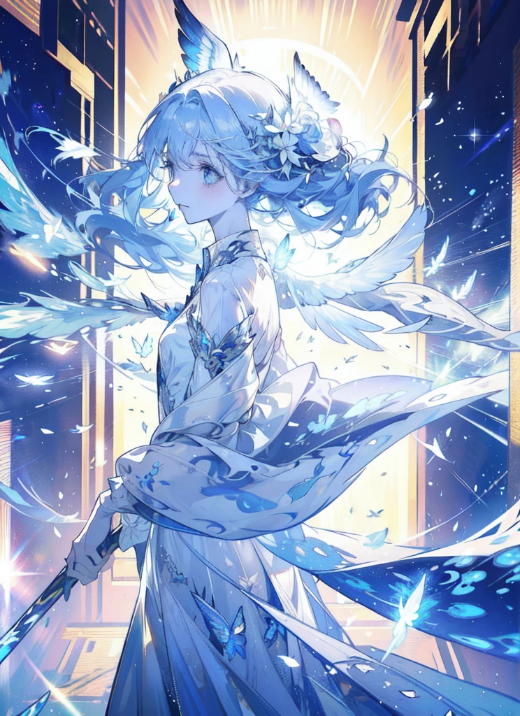An angel is depicted with a pale and luminous complexion, their skin seemingly glowing with an otherworldly radiance. They are adorned with a pair of sparkling and graceful wings, symbolizing their divine nature. The scene is ethereal and enchanting, capturing the beauty and mystery of these celestial beings. angel, pale, luminous, complexion, glowing, otherworldly, radiance, sparkling, graceful, wings, divine, ethereal, enchanting, beauty, mystery.upper body,