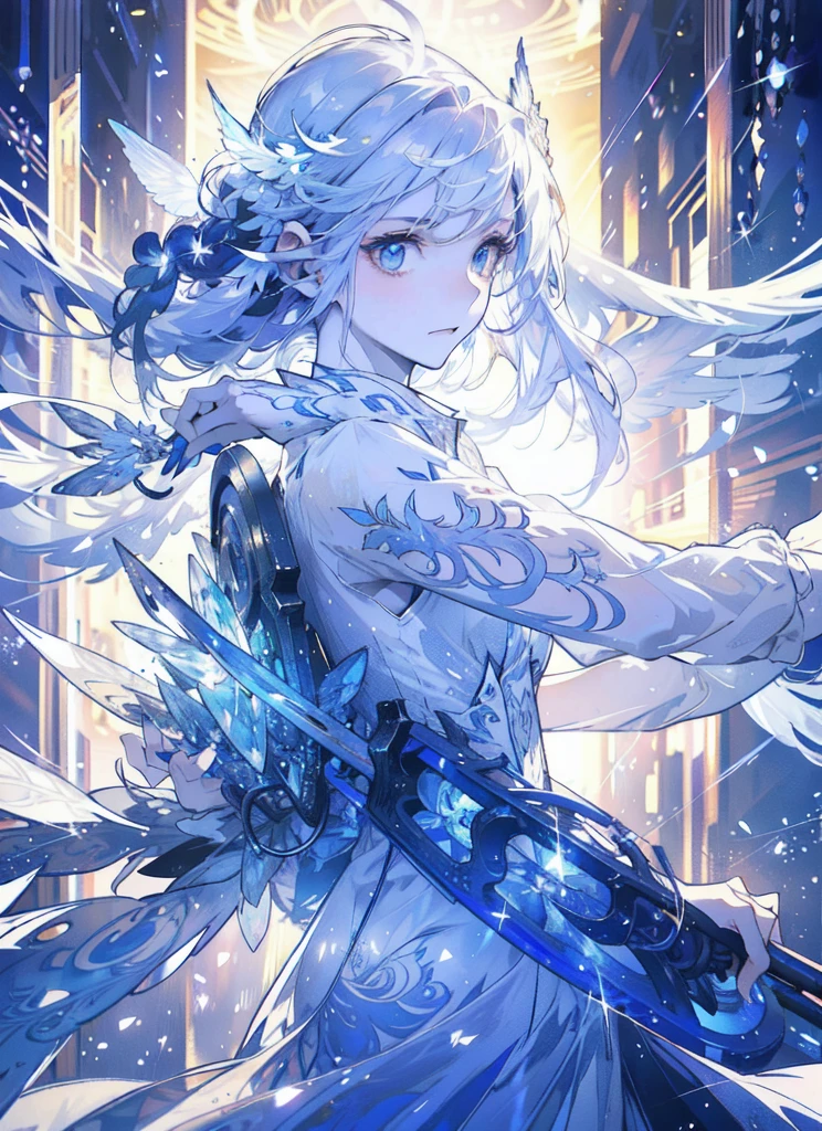An angel is depicted with a pale and luminous complexion, their skin seemingly glowing with an otherworldly radiance. They are adorned with a pair of sparkling and graceful wings, symbolizing their divine nature. The scene is ethereal and enchanting, capturing the beauty and mystery of these celestial beings. angel, pale, luminous, complexion, glowing, otherworldly, radiance, sparkling, graceful, wings, divine, ethereal, enchanting, beauty, mystery.upper body,