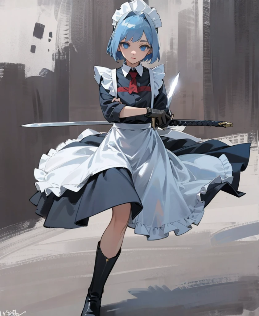 (masterpiece), ((Highest quality)), (Very detailed), (Beautiful eyes Beautiful details Eyes, Clean and delicate face), alone, Severe, Sword Drawing Technique, Blue Bob Hair, (blue eyes, Maid Fashion, White collar, mini skirt), thigh, Black gloves, Black Army Boots