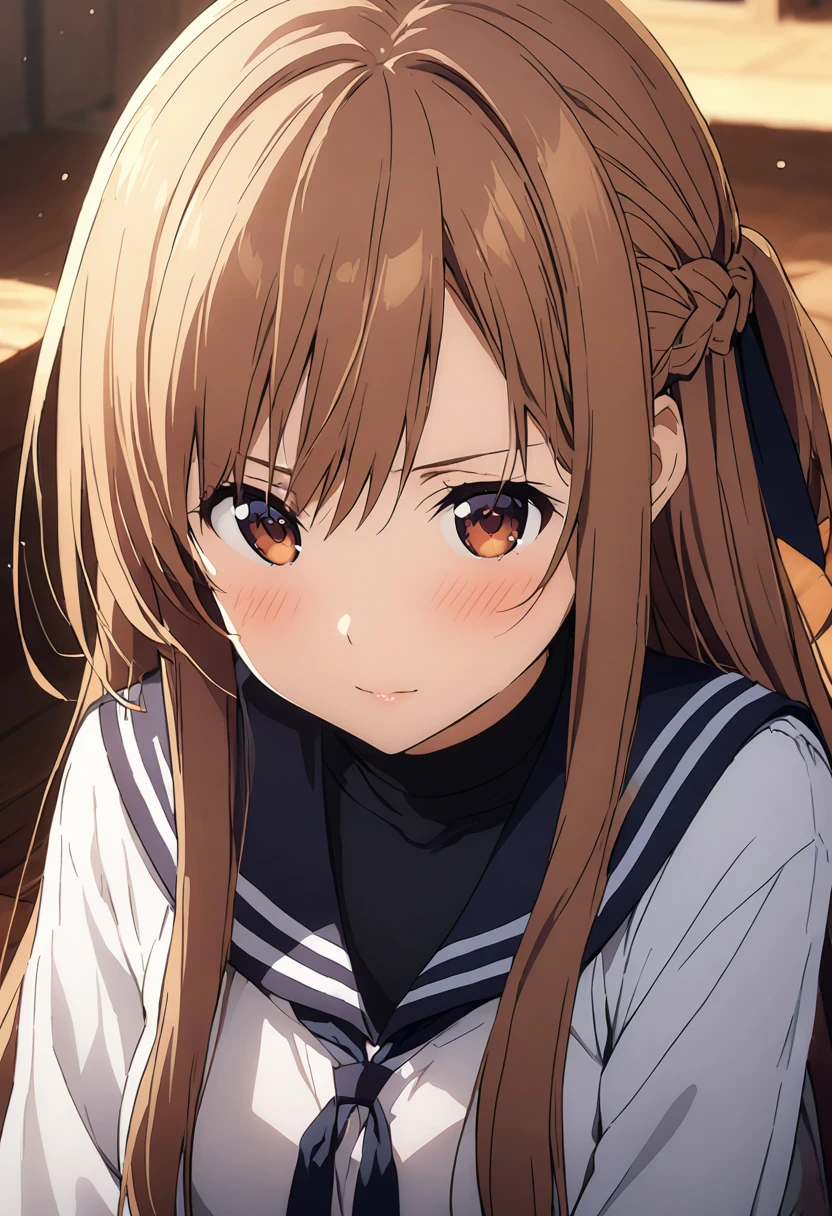 Highest quality、Super detailed、High resolution illustrations、Ultra-high-definition CG、８k size wallpaper、Production Art、Light novel illustrations、asuna yuuki, long hair, bangs, brown hair, brown eyes, very long hair, braid, Black winter sailor uniform