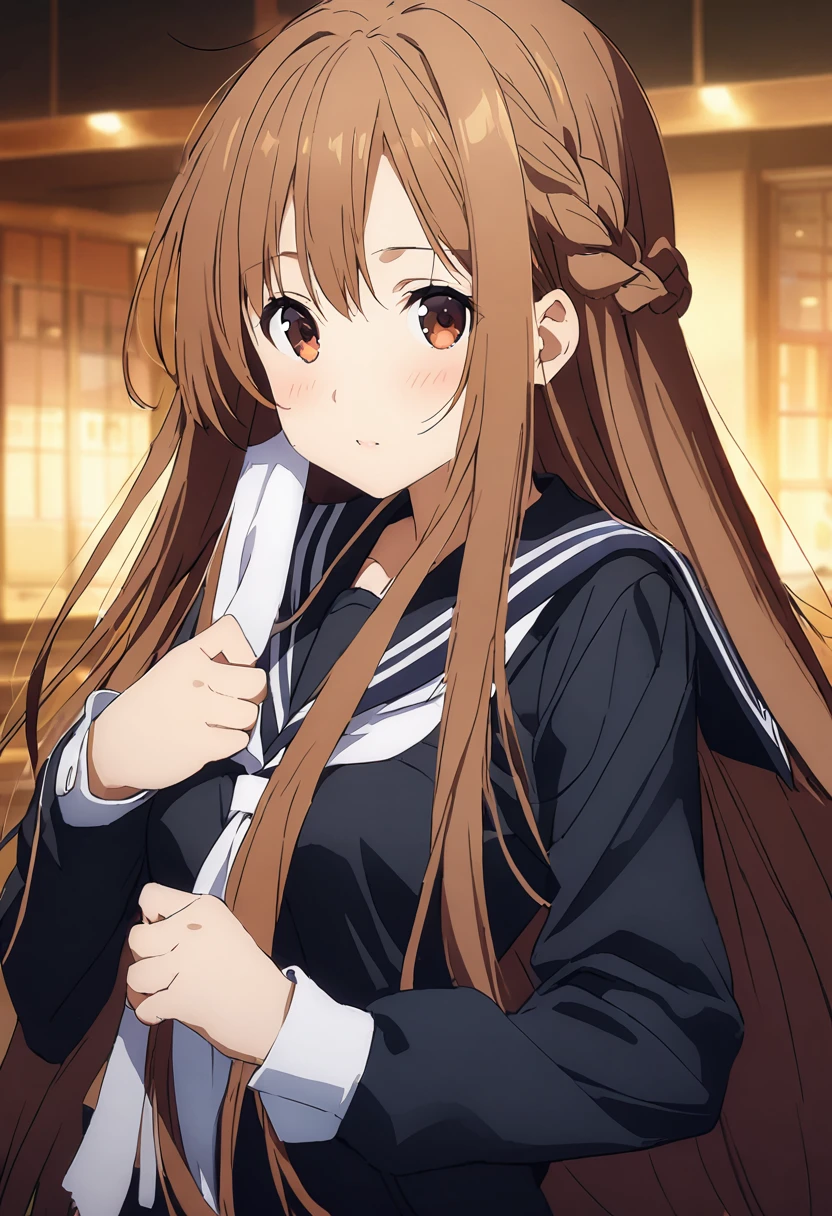 Highest quality、Super detailed、High resolution illustrations、Ultra-high-definition CG、8k size wallpaper、Production Art、Light novel illustrations、asuna yuuki, long hair, bangs, brown hair, brown eyes, very long hair, braid, Black winter sailor uniform