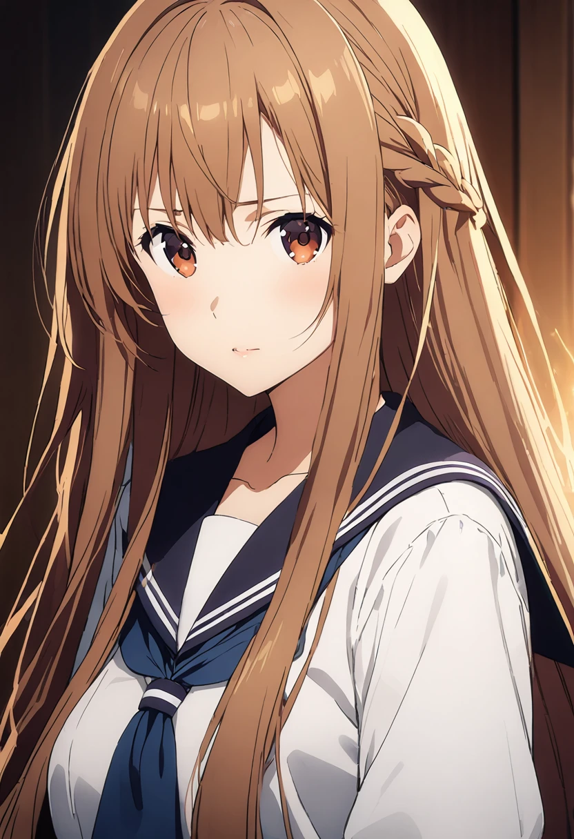 Highest quality、Super detailed、High resolution illustrations、Ultra-high-definition CG、８k size wallpaper、Production Art、Light novel illustrations、asuna yuuki, long hair, bangs, brown hair, brown eyes, very long hair, braid, Black winter sailor uniform