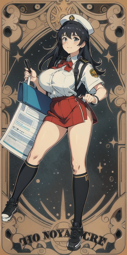 teen in MacDonald uniform working as a cashier with huge tits, anime style