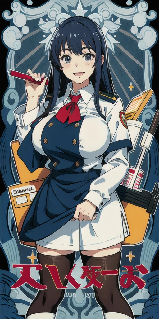 teen in MacDonald uniform working as a cashier with huge tits, anime style
