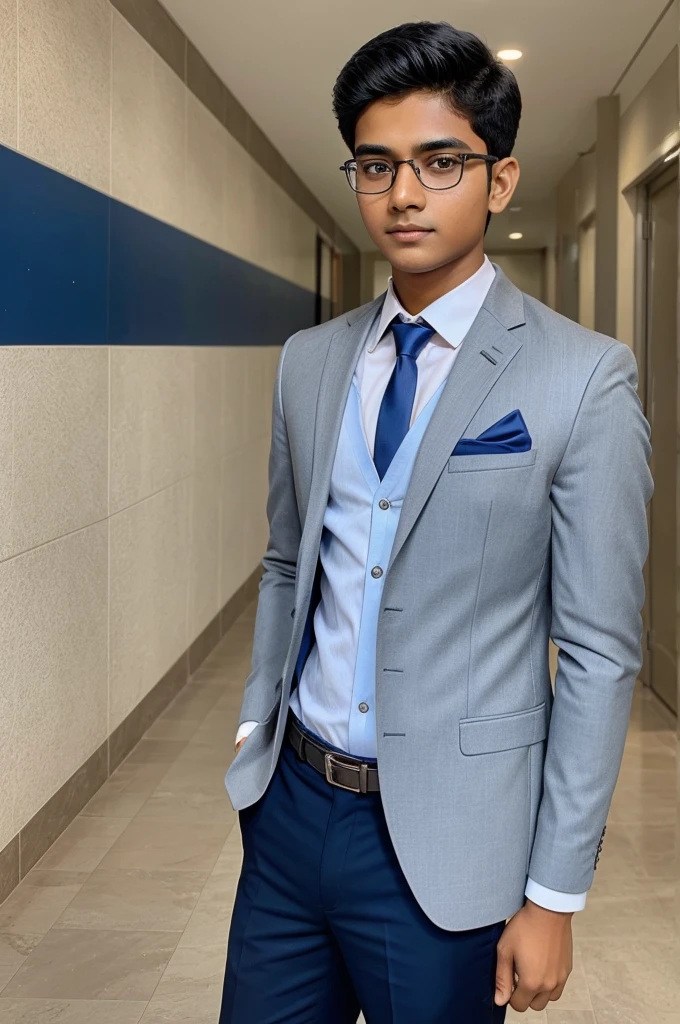 17 year old indian boy with fair skin wearing spectacles and narrow body posing far a linkedin picture in formals
